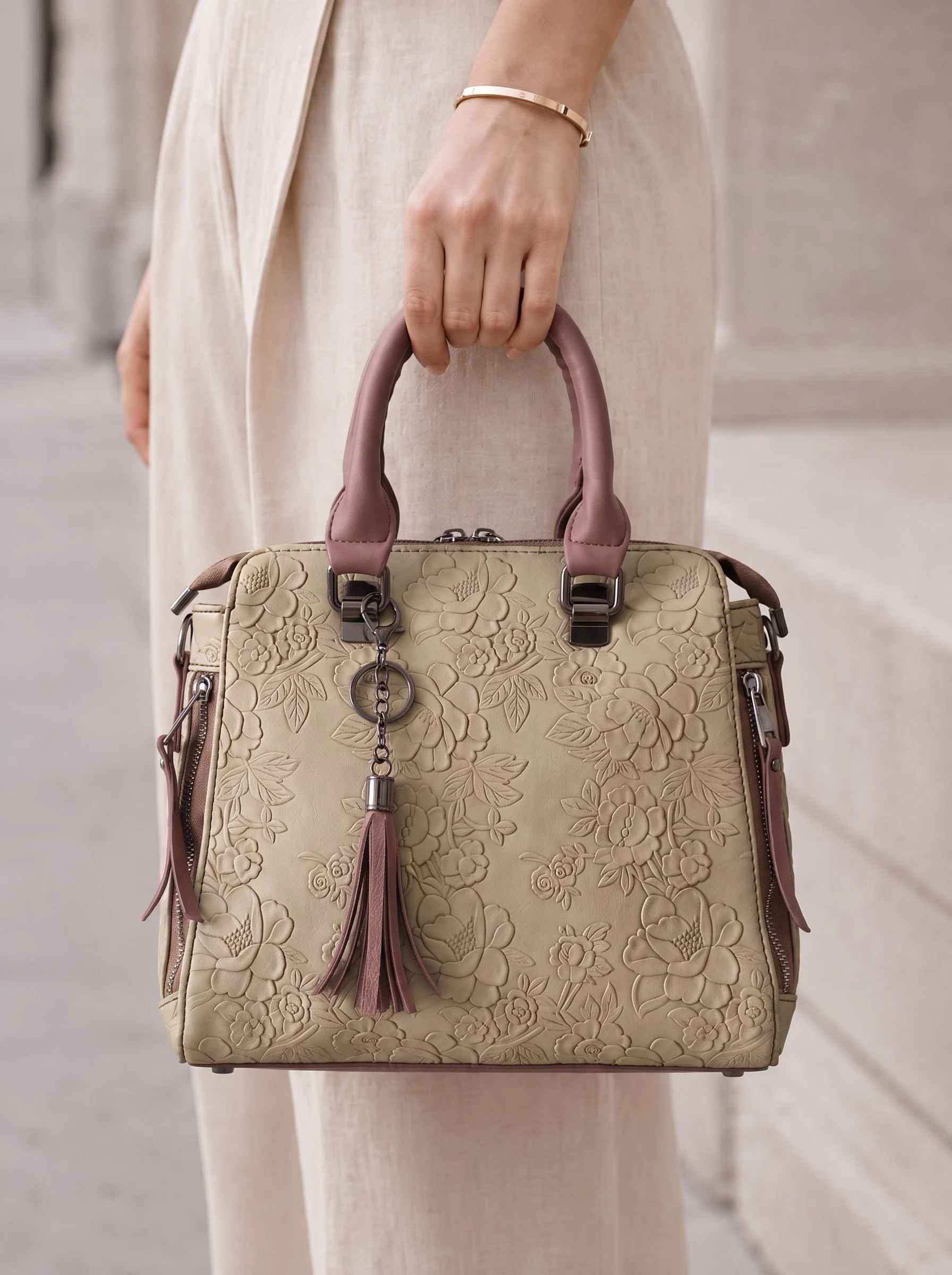 Floral Embossed Beige Handbag