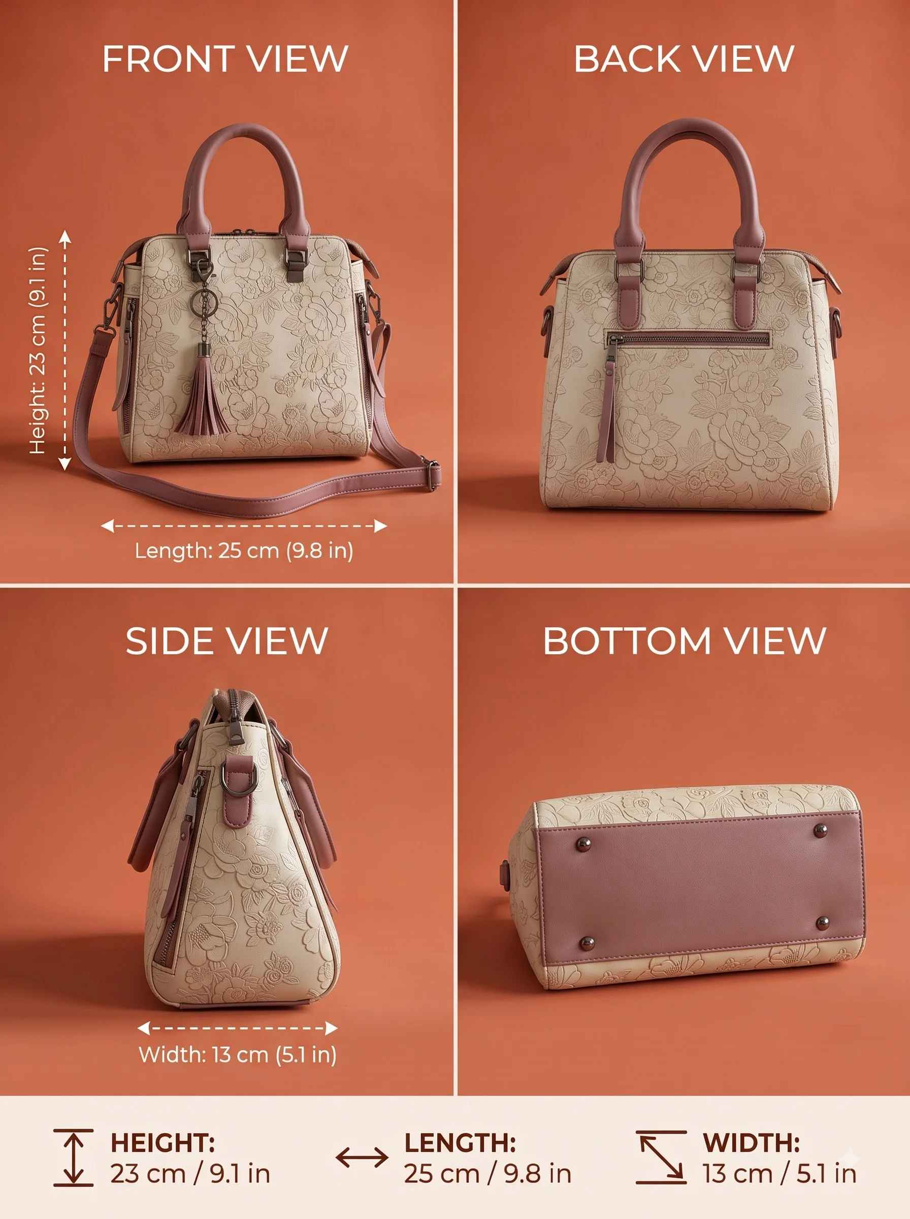 Floral Embossed Beige Handbag - Image 5