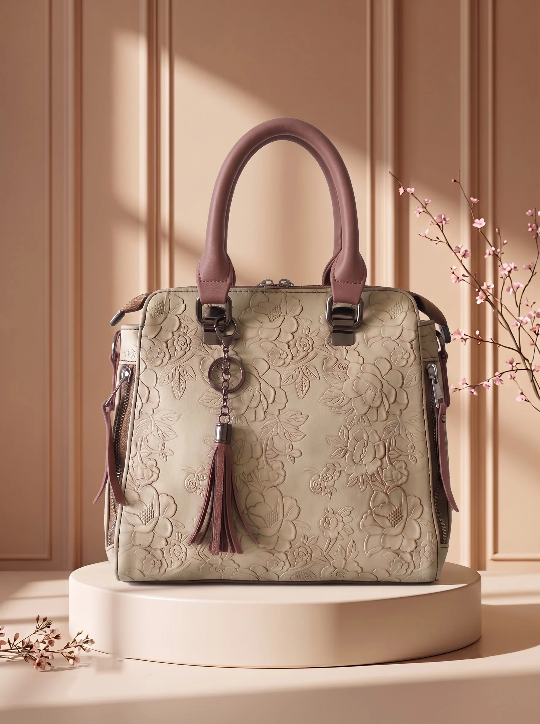 Floral Embossed Beige Handbag - Image 4