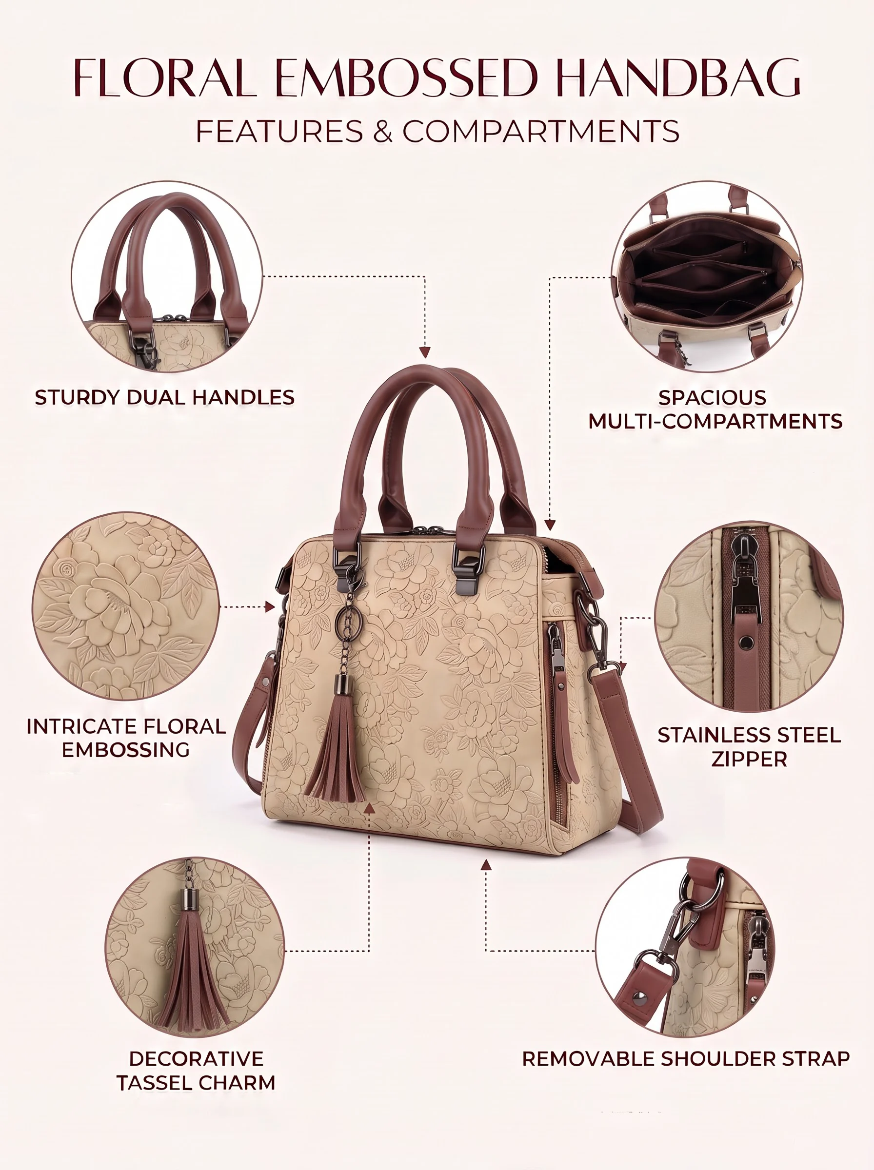 Floral Embossed Beige Handbag - Image 2